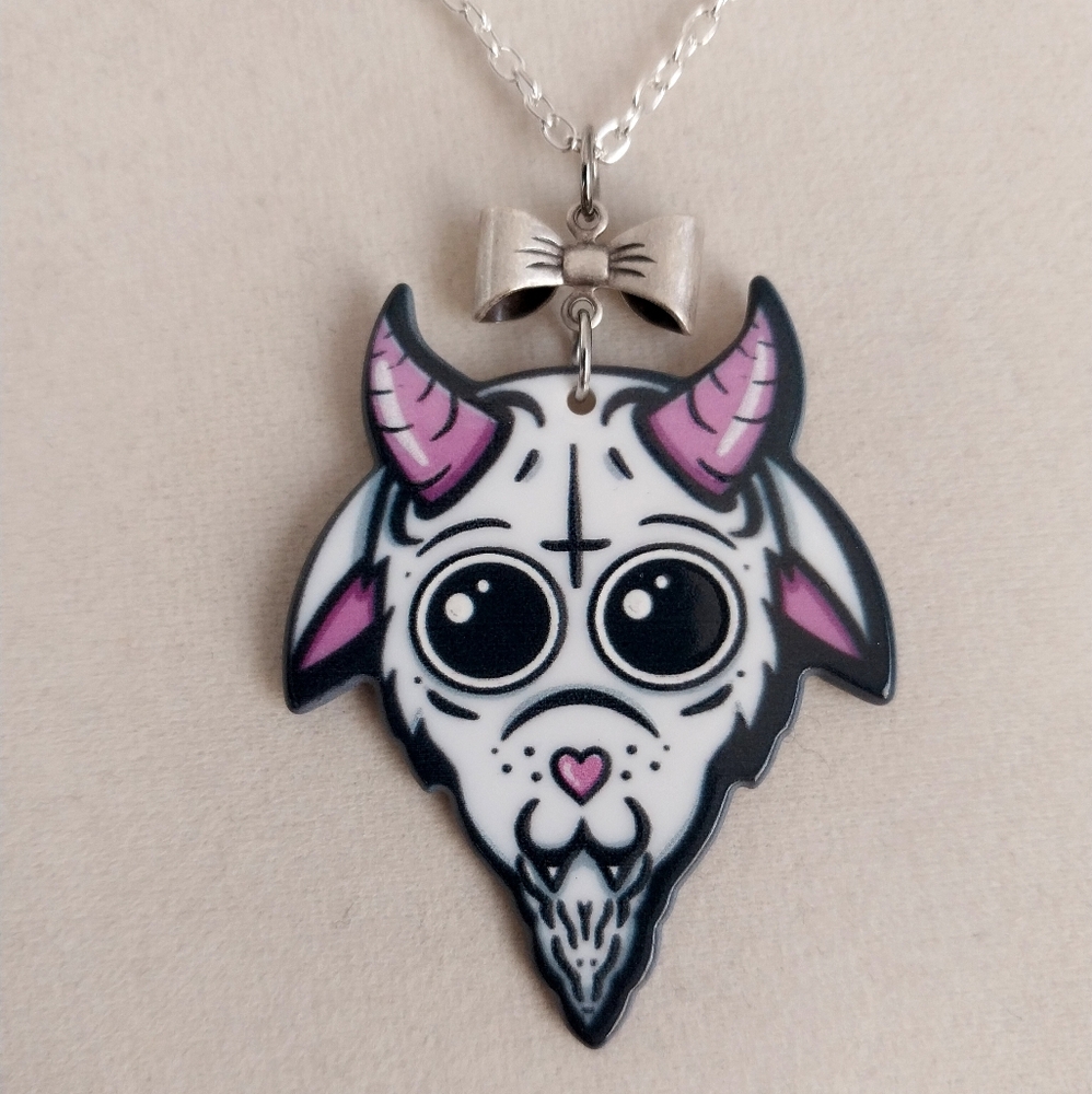 Goth Baphomet goat head & bow handmade necklace